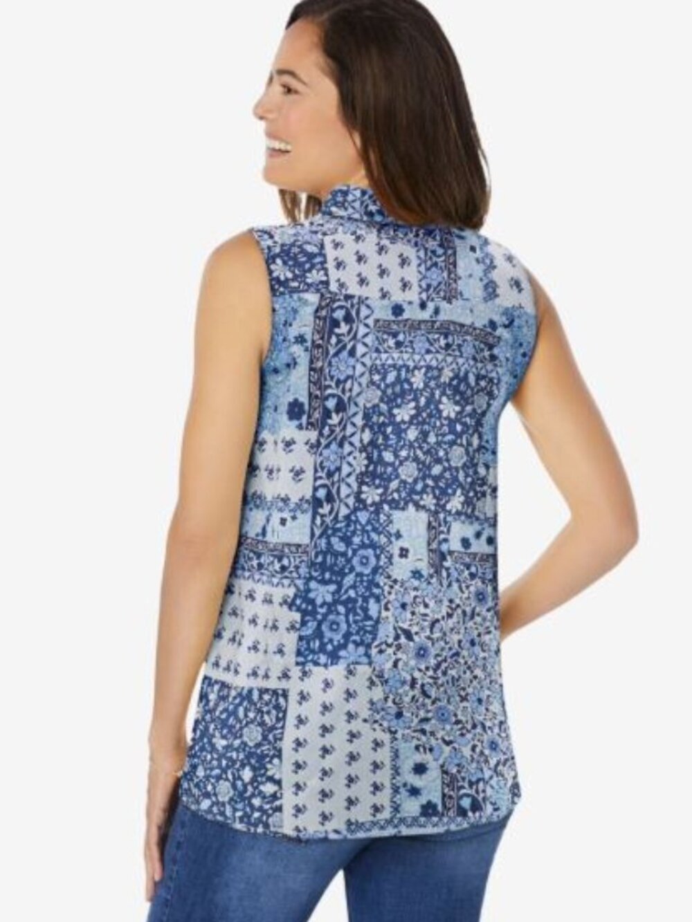 Woman Within Perfect Sleeveless Shirt French Blue Patched Paisley Plus 14/16 NWO - Picture 2 of 16